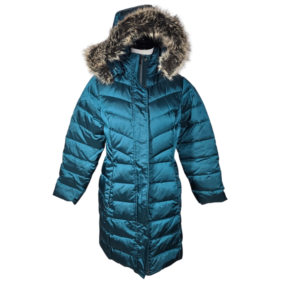 Lands End Small Petite Teal Removable Hood Long Puffer Coat with Faux Fur Trim